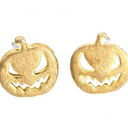 Pumpkin Face Earrings Cute Halloween Stud Gold..