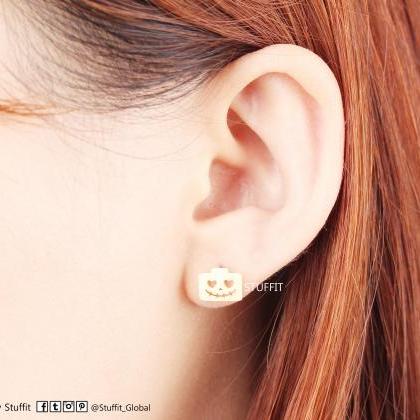 Pumpkin Face Earrings Cute Halloween Stud Gold..