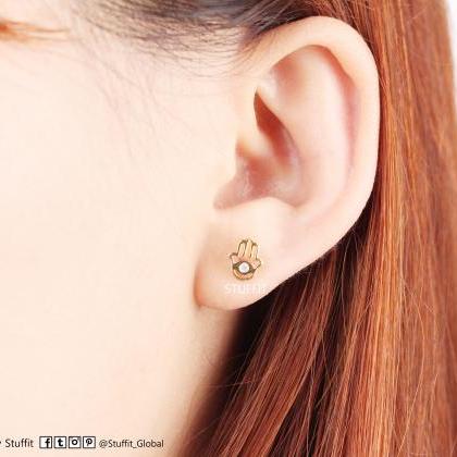 Hamsa Hand Earrings Lucky Symbol Stud Gold Plated..
