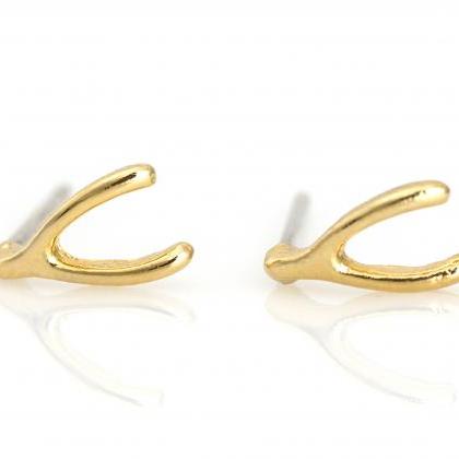Wishbone Earrings Lucky Symbol Stud Gold Plated..
