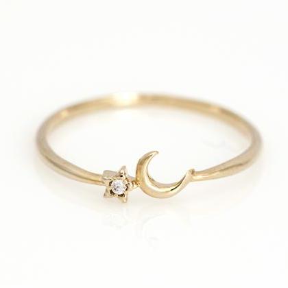 Crescent Moon And Star Ring Delicate Shiny Ring..