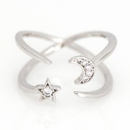 Crescent Moon And Star Open Ring Shiny Ring..