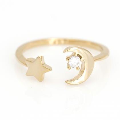 Crescent Moon And Star Open Ring Delicate Shiny..