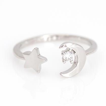 Crescent Moon And Star Open Ring Shiny Ring..