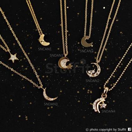 Crescent And Star Necklace Moon Necklace Rhodium..