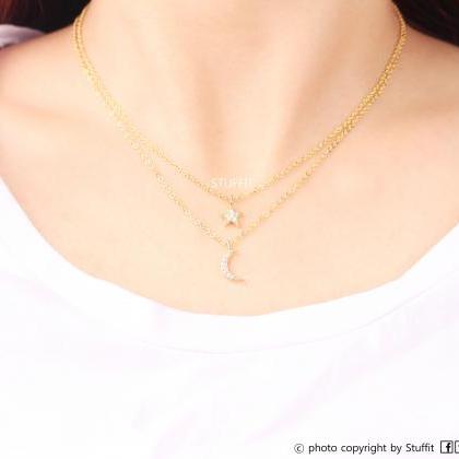 Crescent And Star Double Layered Necklace Gold..