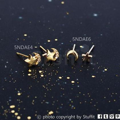 Moon And Star Earrings Shiny Star Moon Stud Gold..