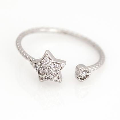 Star And Heart Open Ring Shiny Size Ring Rhodium..