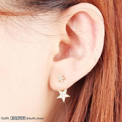 Two Way Stars Earrings Ear Jacket Rhodium Plated..