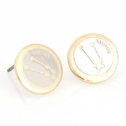 Taurus Earrings Zodiac Stud Round Earrings Gold..