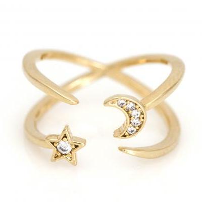 moon and star ring,gold,silver,CZ moon and star ring,cute ring,free size ring,adjustable ring,star jewelry,wedding gift,5NDAR5,Stuffit