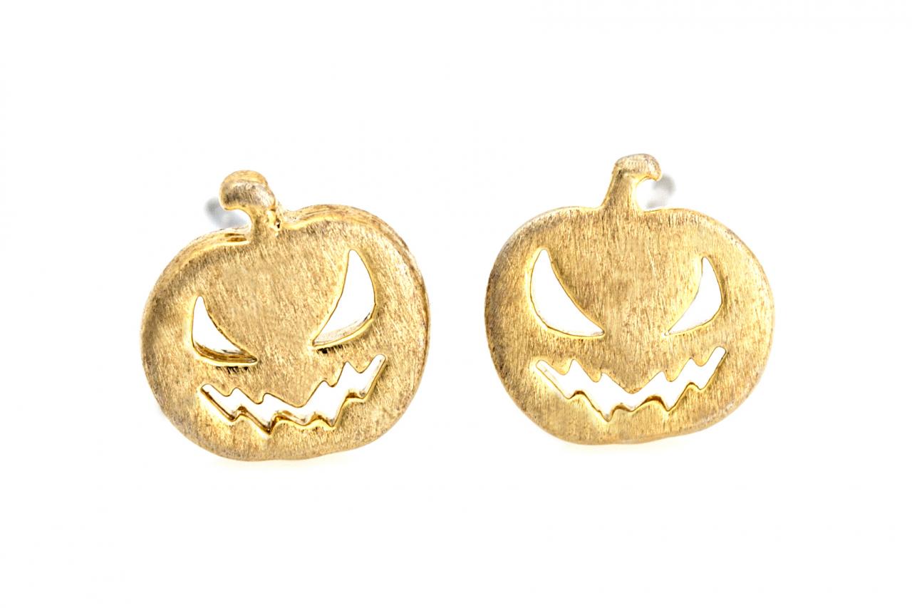 Pumpkin Face Earrings Cute Halloween Stud Gold Plated Over Brass 5nhbe2