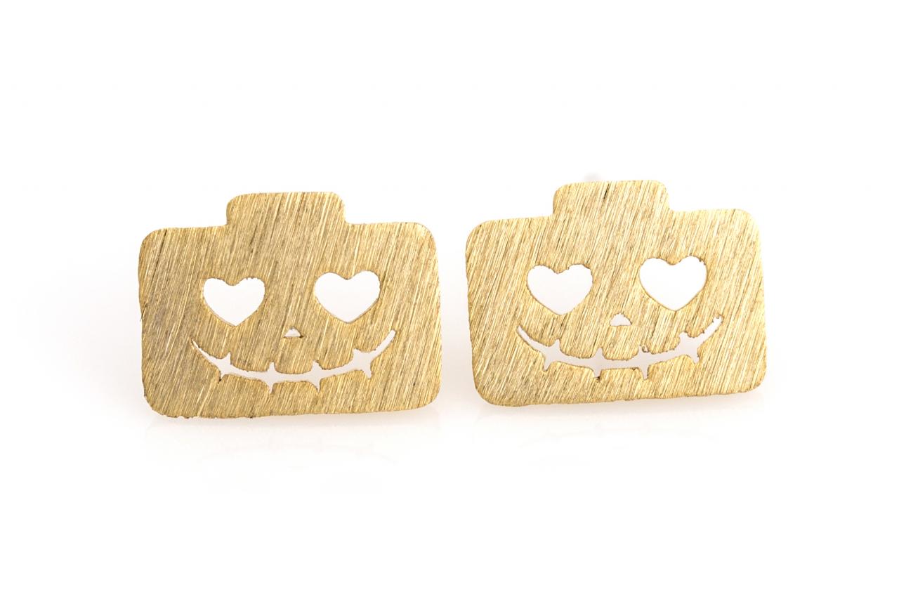 Pumpkin Face Earrings Cute Halloween Stud Gold Plated Over Brass 5nhbe1