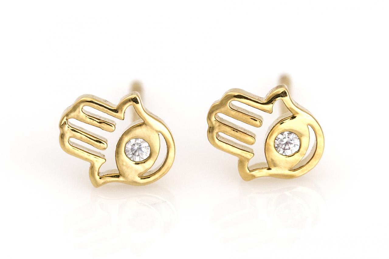 Hamsa Hand Earrings Lucky Symbol Stud Gold Plated Over Brass 5nefe2