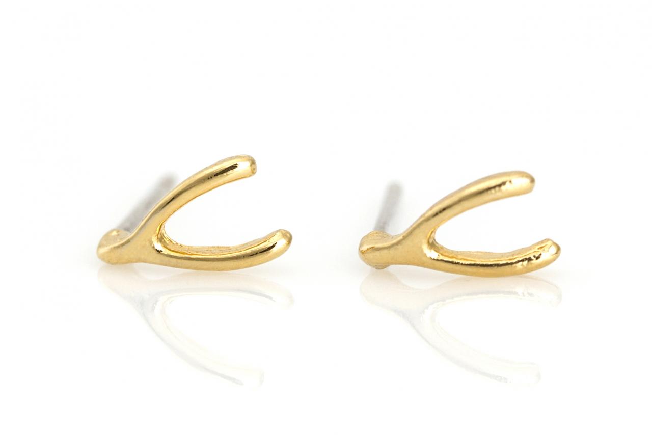 Wishbone Earrings Lucky Symbol Stud Gold Plated Over Brass 5nece1