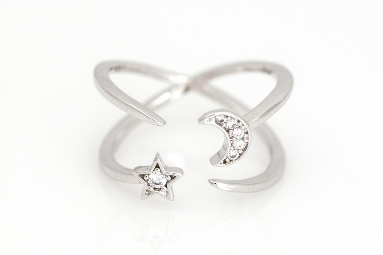 Crescent Moon And Star Open Ring Shiny Ring Rhodium Plated Brass 5ndar5