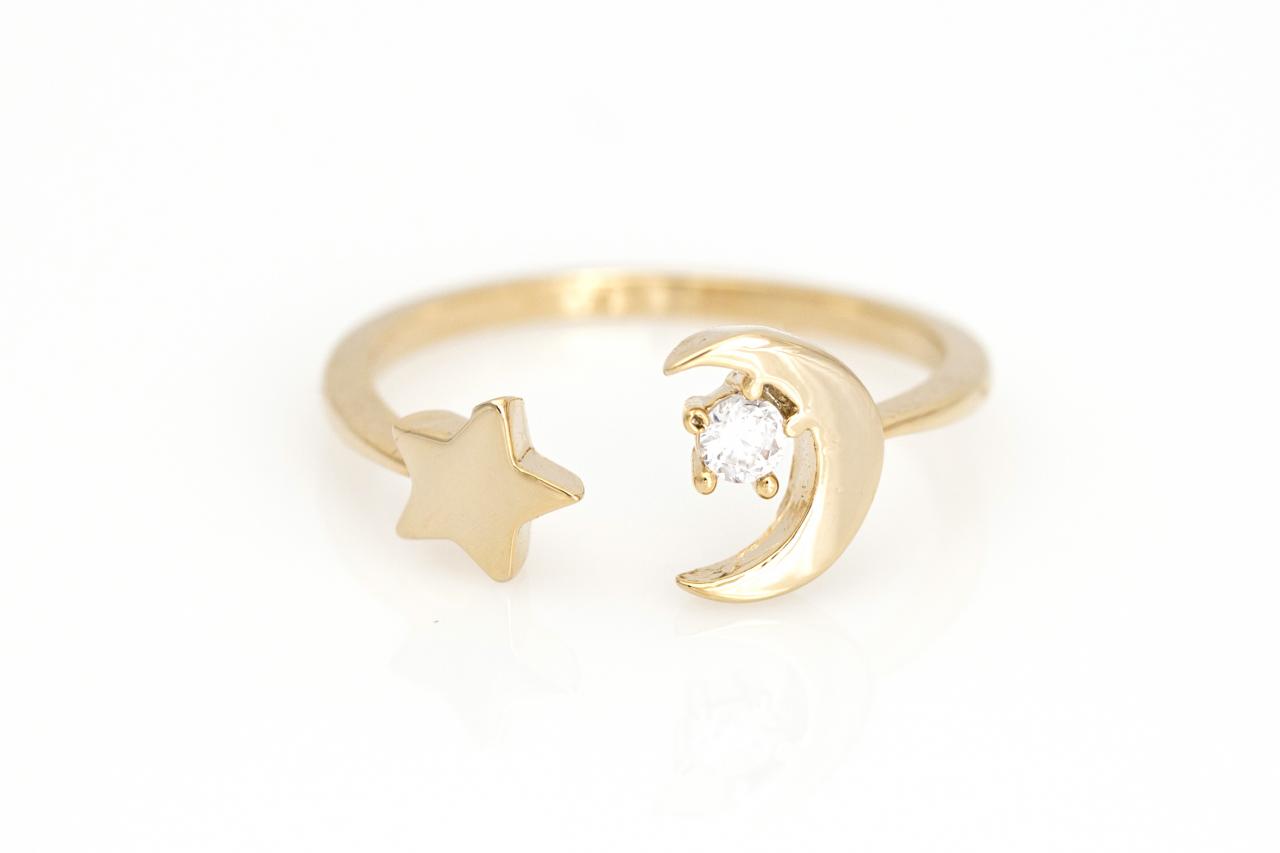 Crescent Moon And Star Open Ring Delicate Shiny Ring Gold Plated Brass 5ndar1