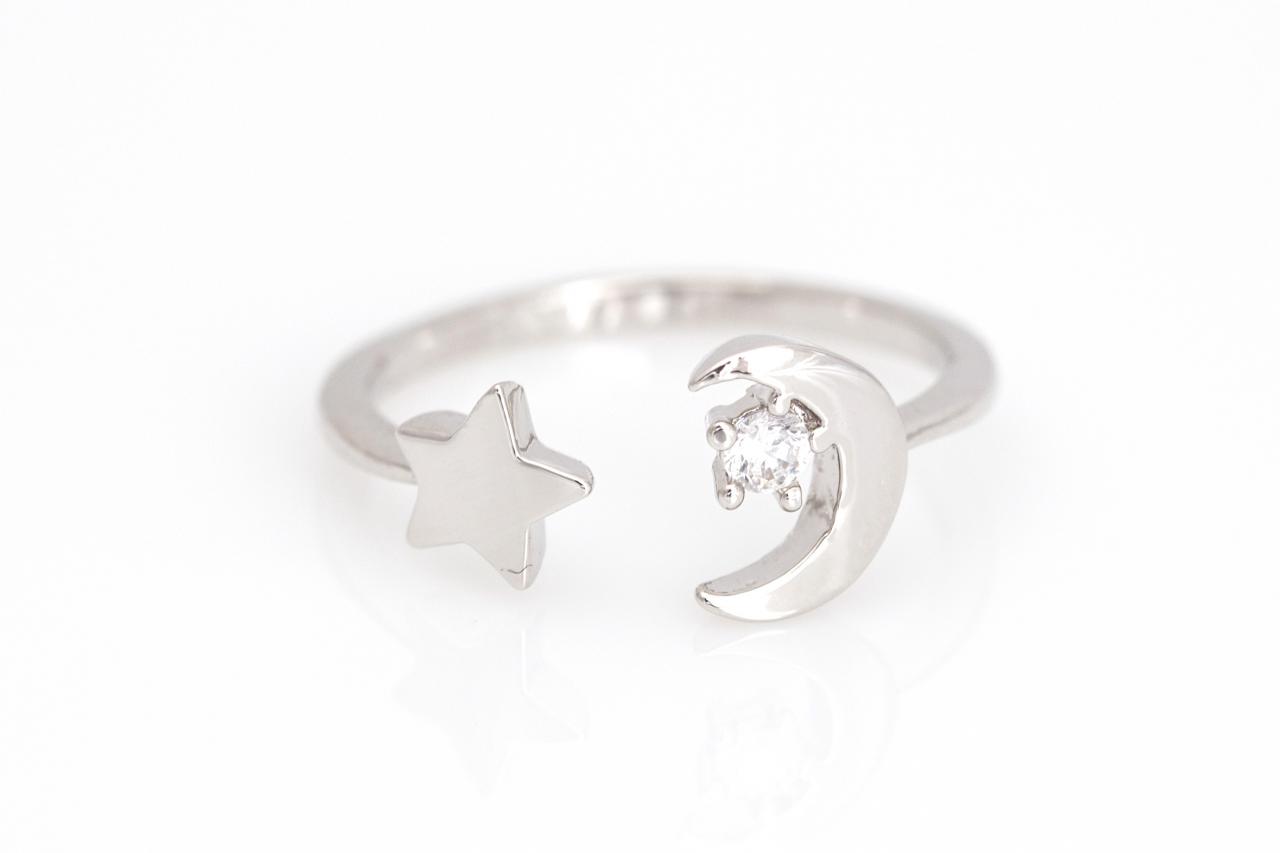 Crescent Moon And Star Open Ring Shiny Ring Rhodium Plated Brass 5ndar1