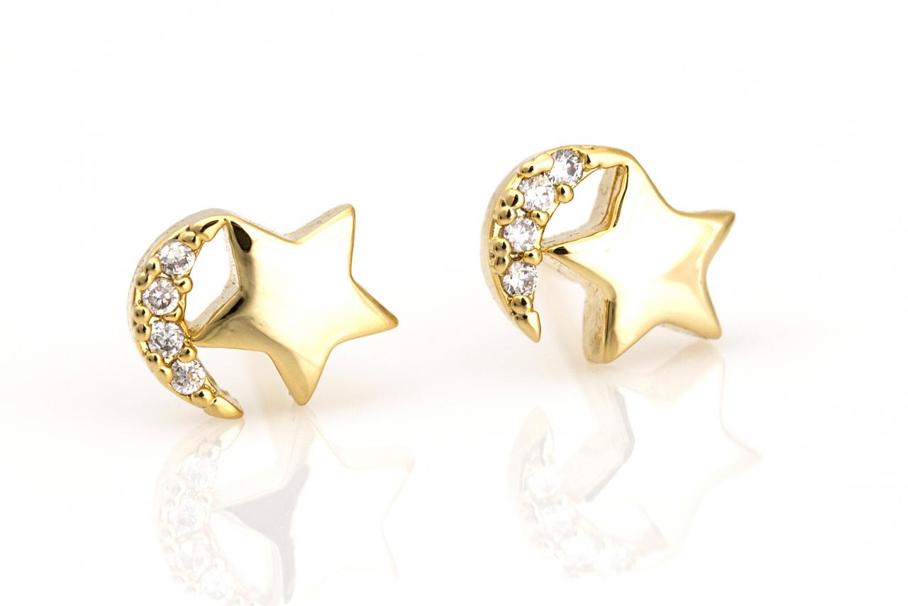 Moon And Star Earrings Shiny Star Moon Stud Gold Plated Over Brass 5ndae4