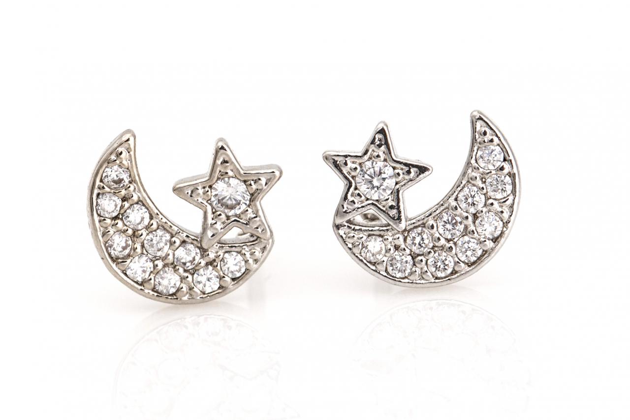 Moon And Star Earrings Shiny Star Moon Stud Rhodium Plated Over Brass 5ndae1
