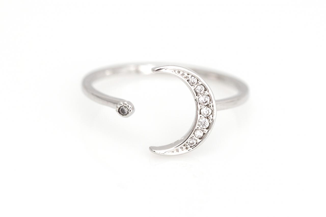 Crescent Moon Open Ring Shiny Size Ring Rhodium Plated Over Brass 5ncar1