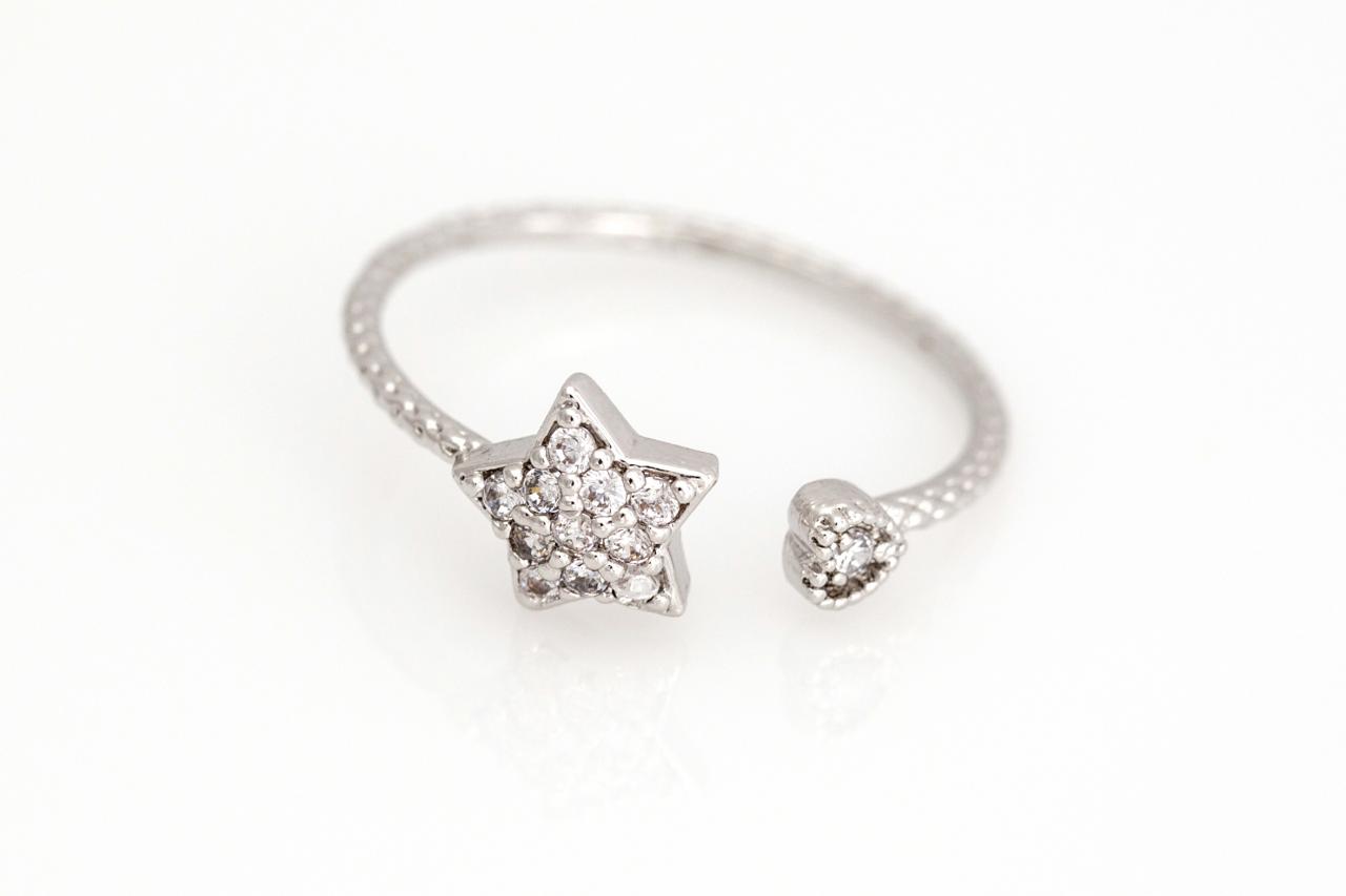 Star And Heart Open Ring Shiny Size Ring Rhodium Plated Brass 5nbar6