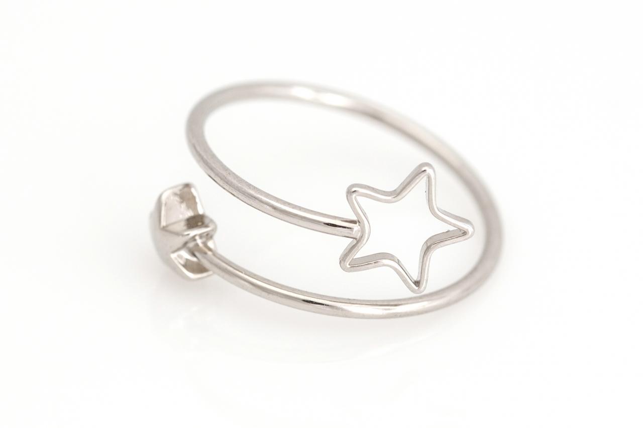 2 Stars Open Ring Shiny Size Ring Rhodium Plated Over Brass 5nbar14