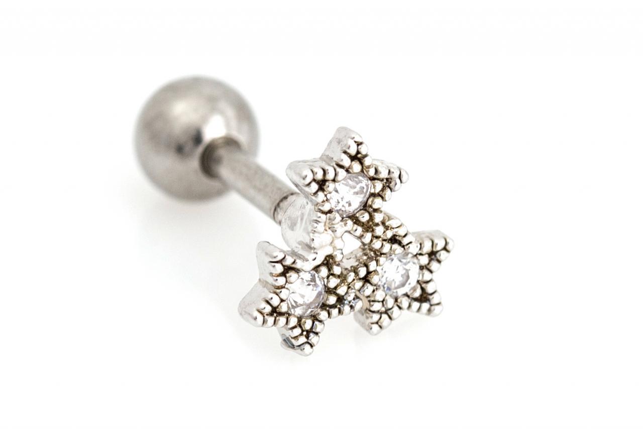 3 Stars Peircing For Tragus Helix Lobe Use Rhodium Plated Over Brass 5nbap8