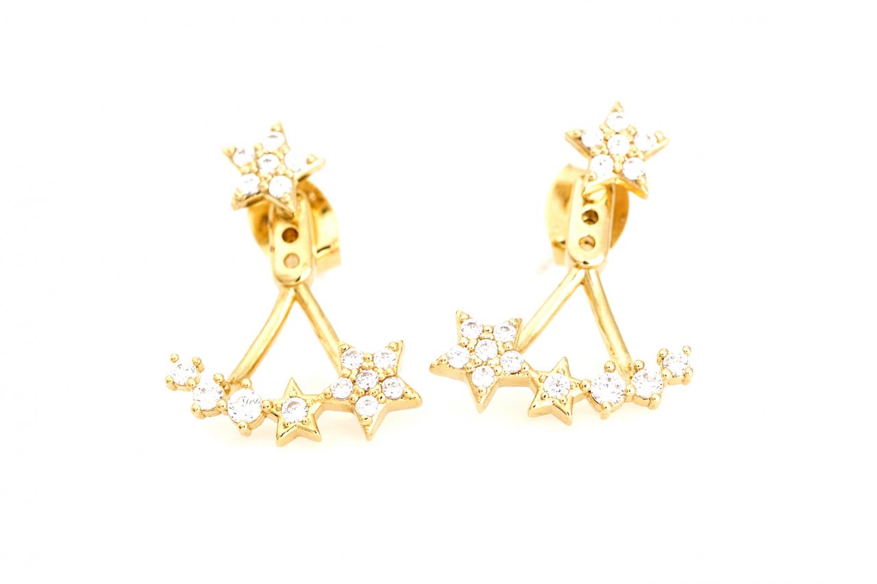 Two Way Stars Earrings Ear Jacket Gold Plated Over Brass 5nbae5