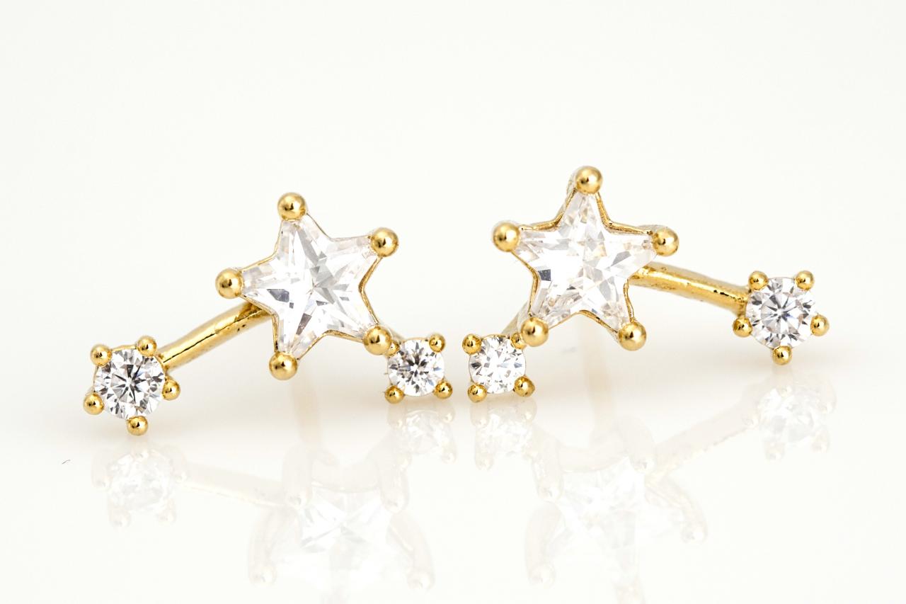 3 Stars Earrings Multi Stars Stud Gold Plated Over Brass 5nbae4