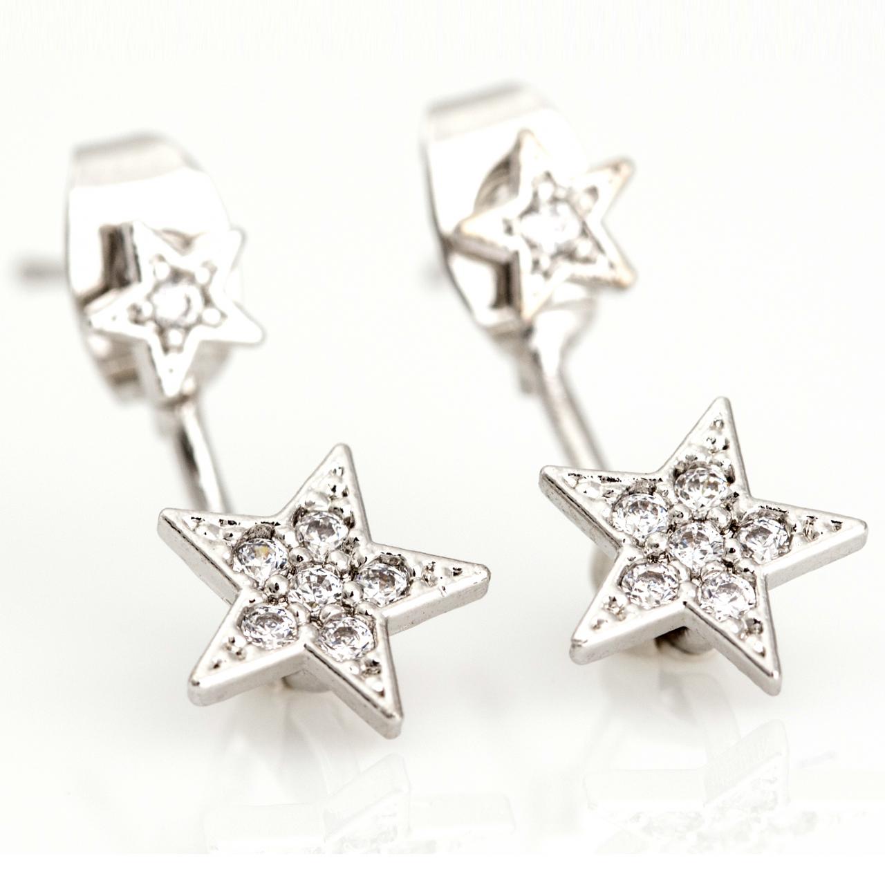 Two Way Stars Earrings Ear Jacket Rhodium Plated Over Brass 5nbae2