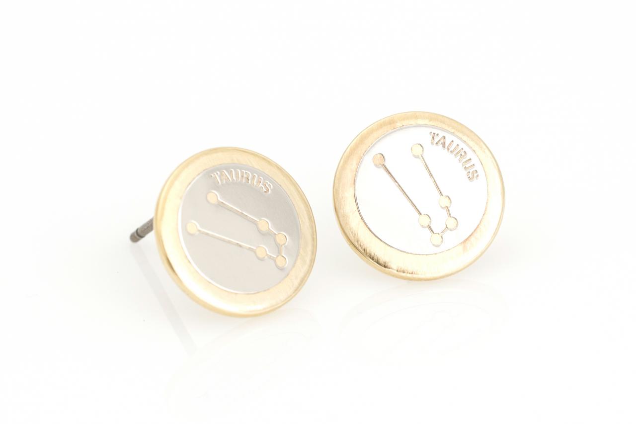 Taurus Earrings Zodiac Stud Round Earrings Gold Plated Over Brass 5nabe62