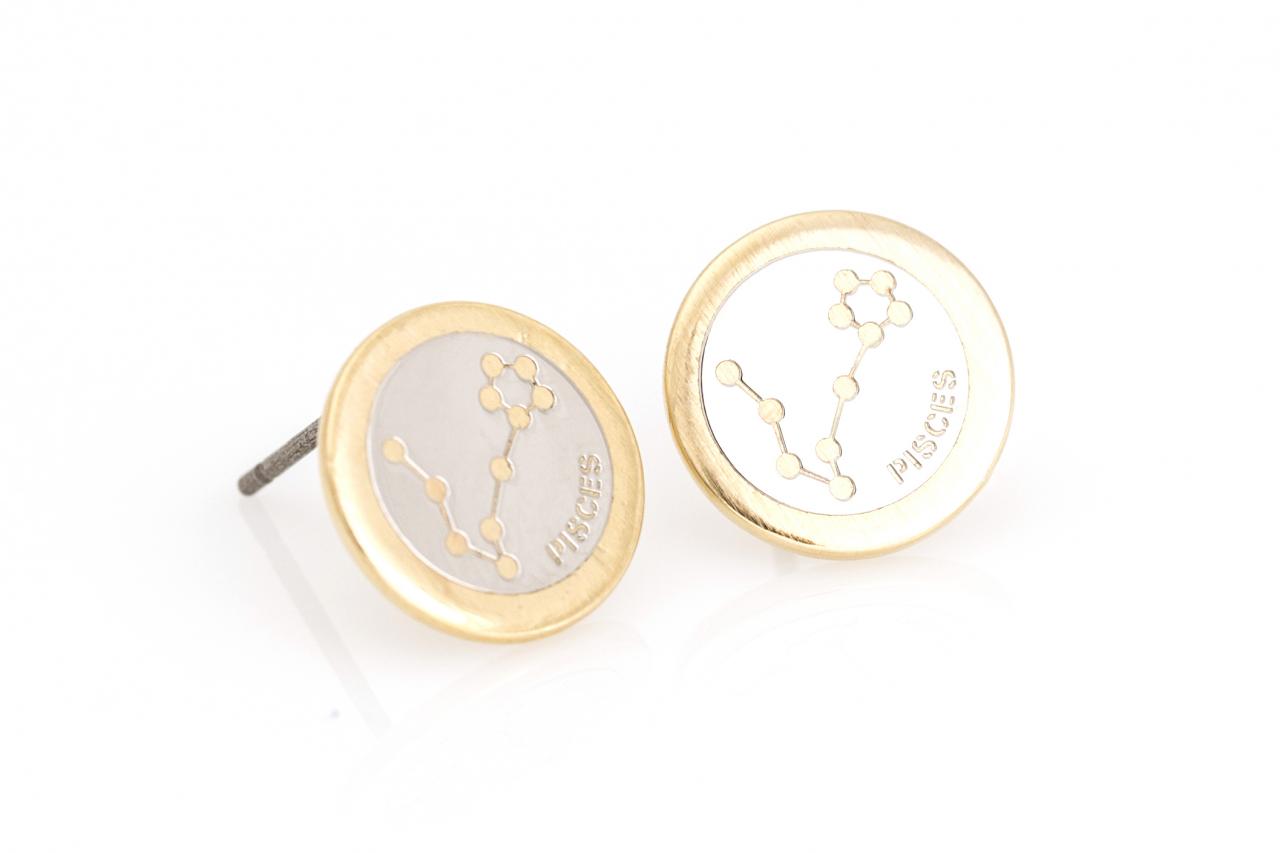Pisces Earrings Zodiac Stud Round Earrings Gold Plated Over Brass 5nabe612