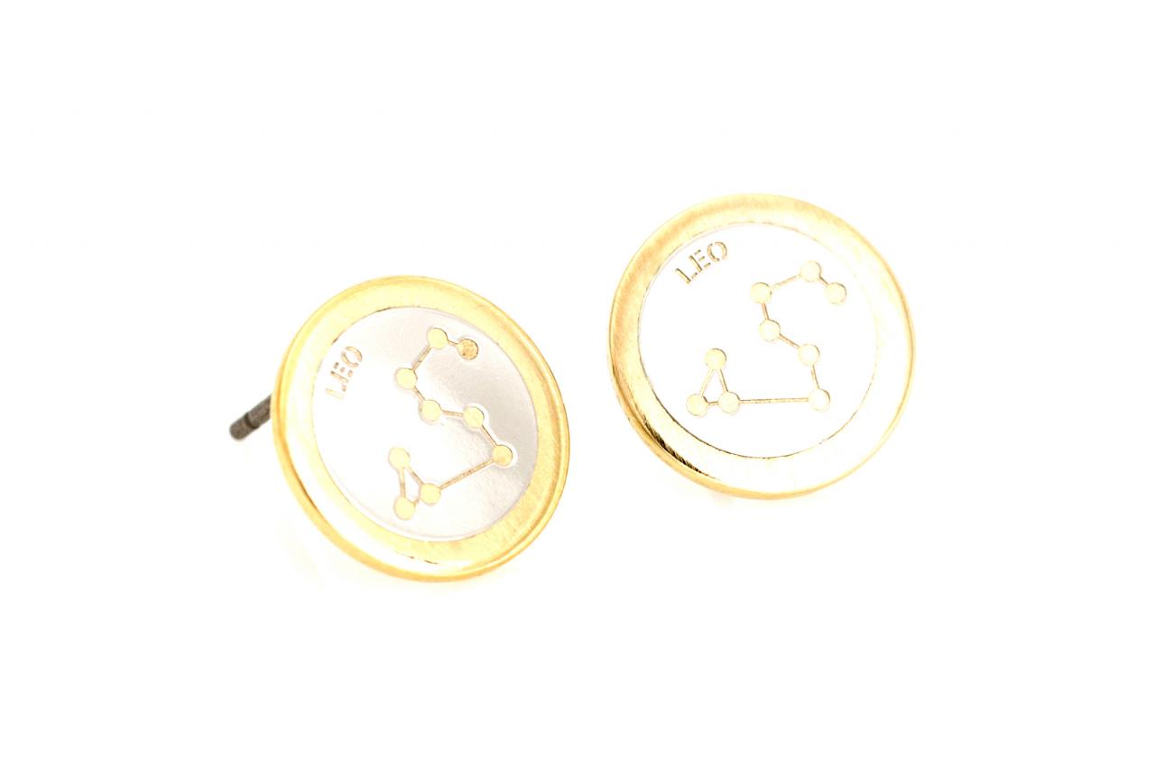 Aquarius Earrings Zodiac Stud Round Earrings Gold Plated Over Brass 5nabe611