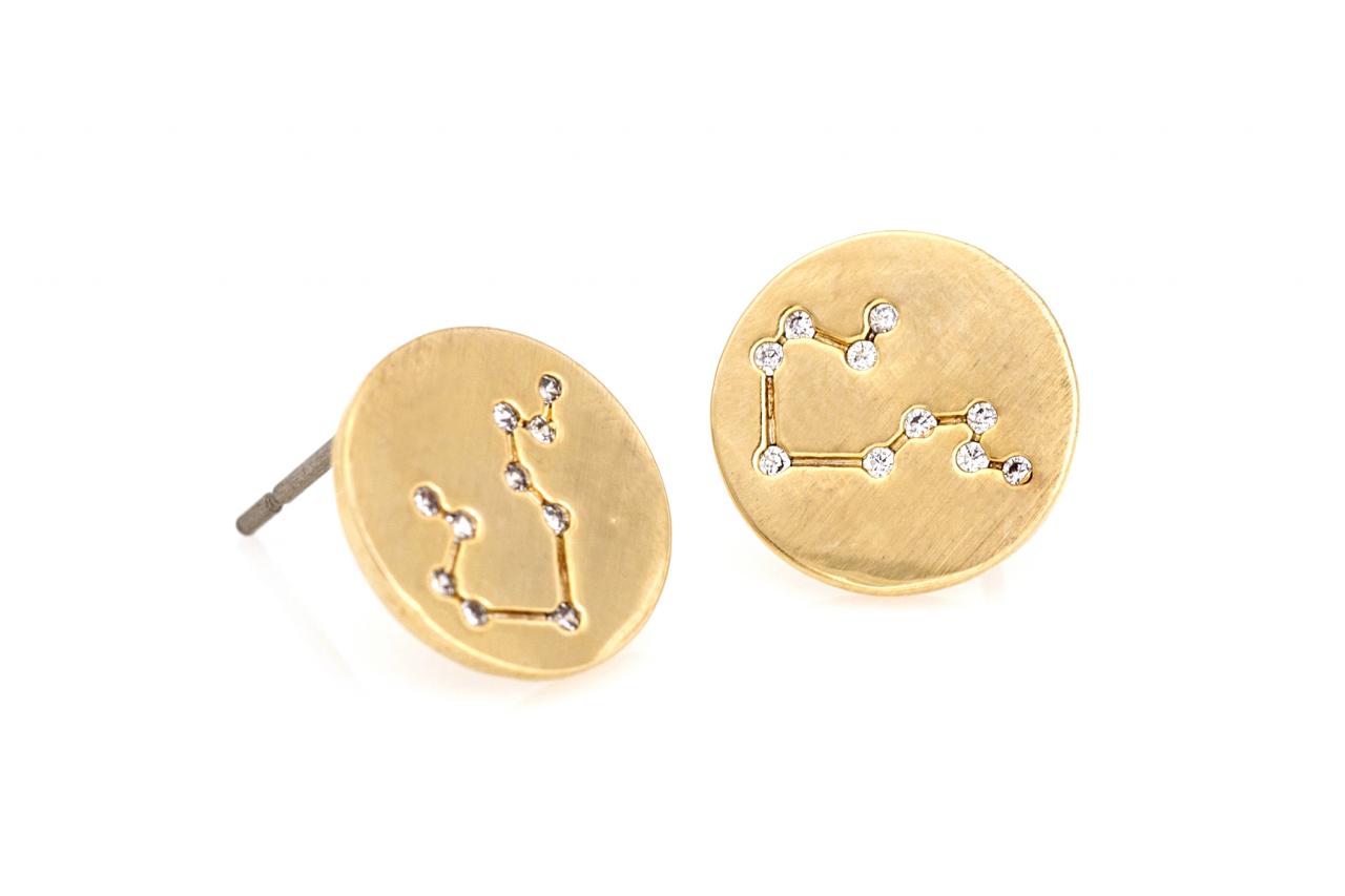 Leo Earrings Zodiac Stud Round Earrings Gold Plated Over Brass 5nabe55